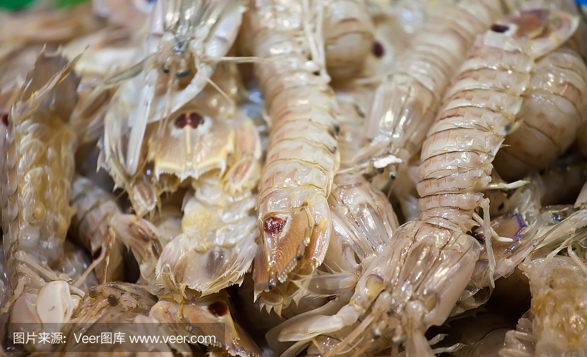 鲜虾躺在市场柜台的背景